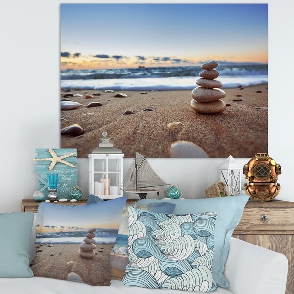 Stones Balance on Sandy Beach' Modern Seashore Canvas Wall Art Print