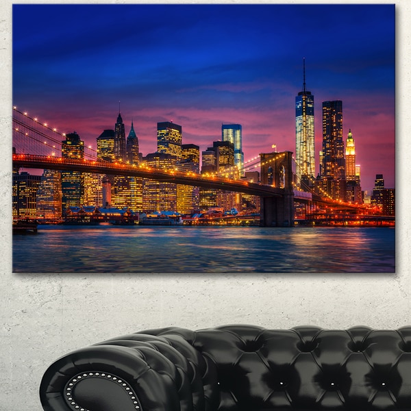 Designart 'Manhattan with Lights and Reflections' Extra Large Cityscape