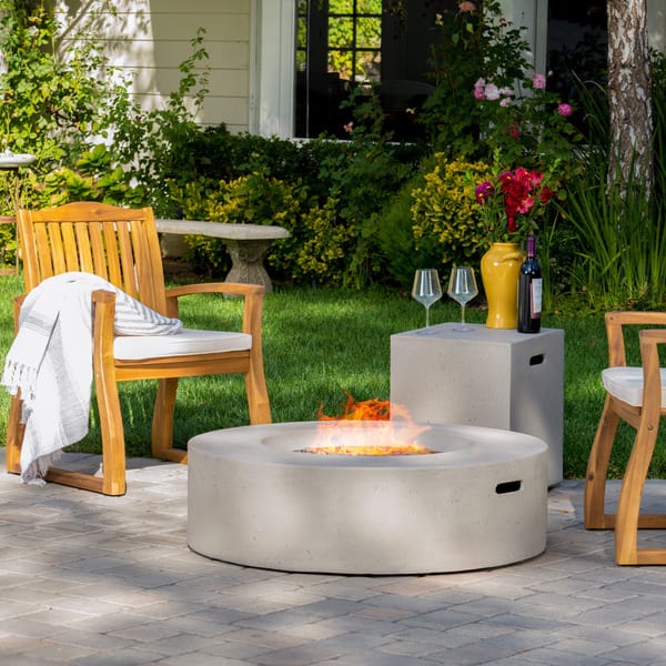 slide 16 of 16, Aidan Circular 50K BTU Outdoor Gas Fire Pit Table with Tank Holder by Christopher Knight Home White/Grey