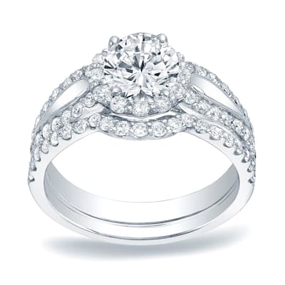 Auriya Platinum 1 1/2ct TDW Certified Round Diamond Halo Engagement Ring Bridal Set