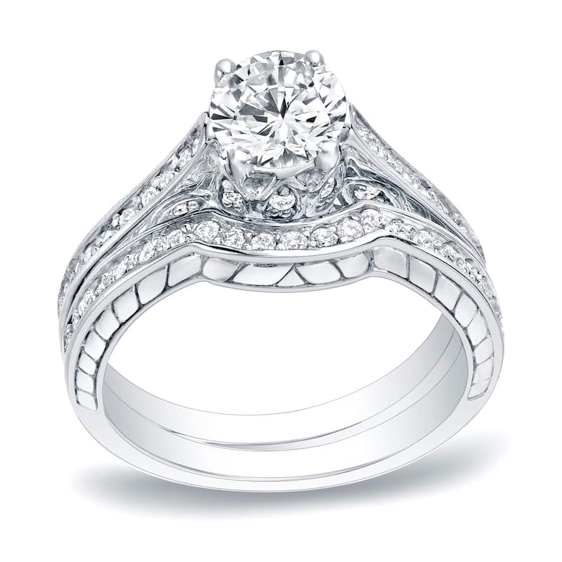 Auriya Platinum 1ct TDW Certified Round Curved Band Diamond Engagement Ring Bridal Set