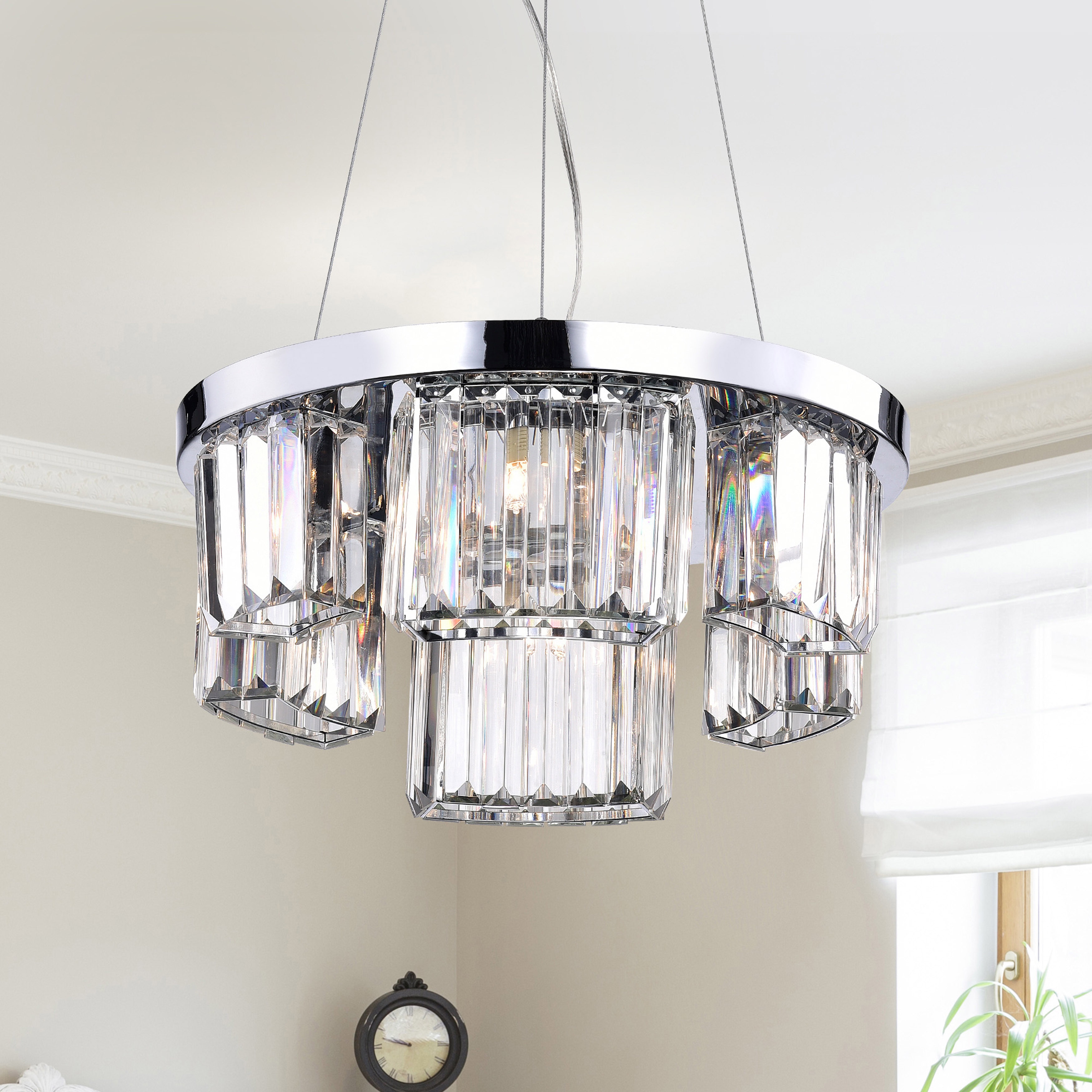 Esperanza Chrome 6-light Glass Prism Round Chandelier (Chrome, 6-light, Glass Prism, Round Chandelier) - Chandeliers For Bedrooms by Overstock.com