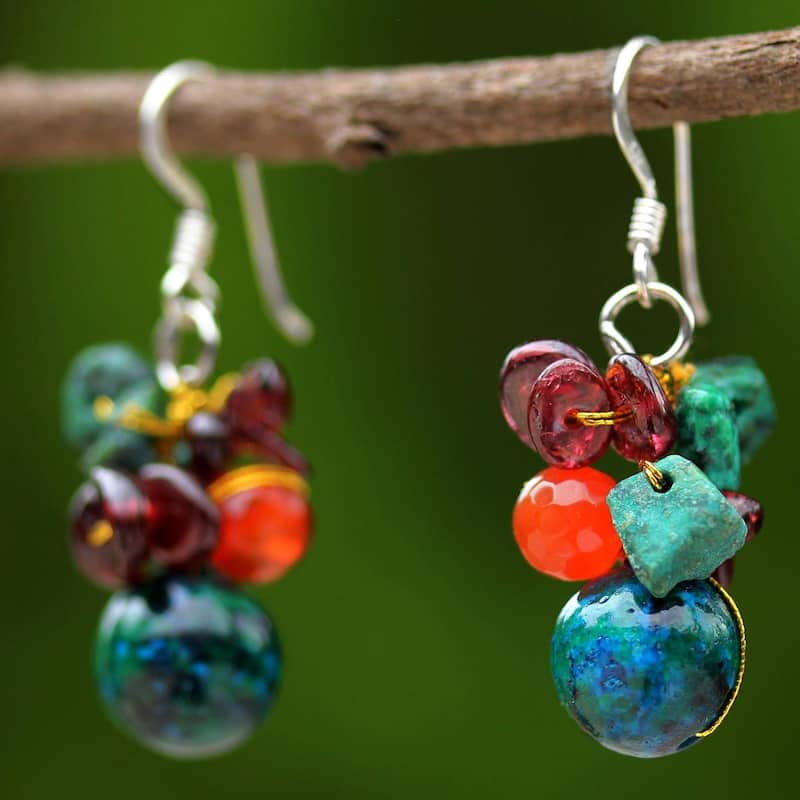 NOVICA Handmade Sterling Silver Tropical Oasis Garnet Dangle Earrings (Thailand) - 1.6*0.6