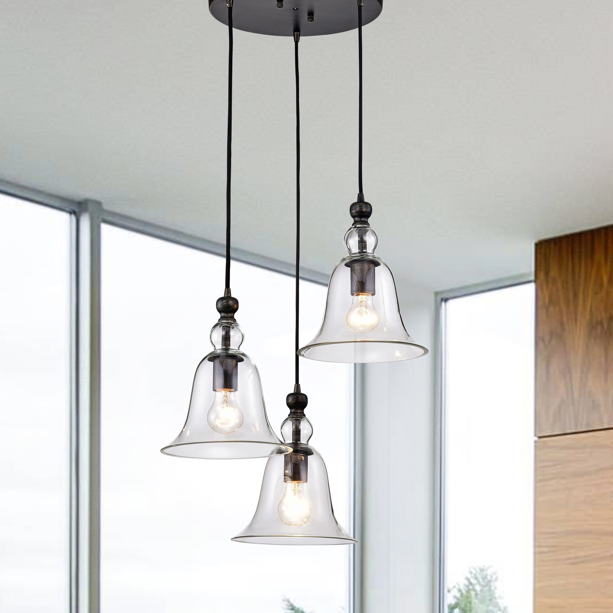 Yamila Bell-shaped Glass Antique Black 3-light Pendant Chandelier (Antique Black, 3-Light, Clear Glass Bell) - Chandeliers For Bedrooms by Overstock.com