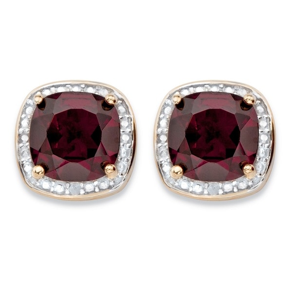 14k Gold Overlay 3 1/5ct Genuine Red Garnet and Diamond Accent Halo Stud Earrings