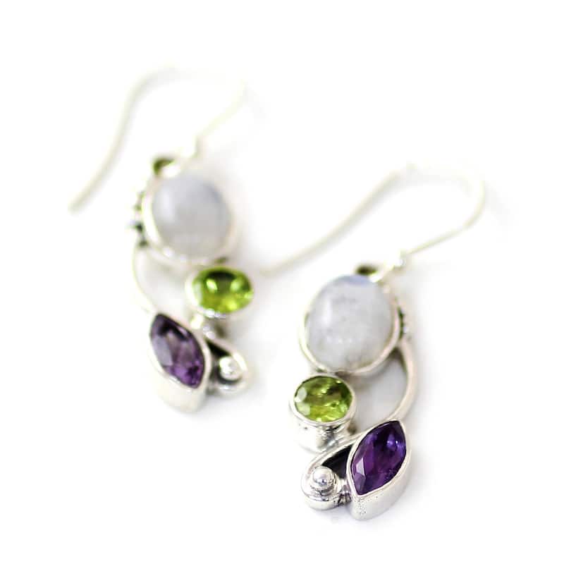 Handmade Sterling Silver Natural Glamour Multi-Stone Earrings (India) - 1.6*0.4