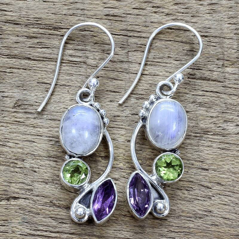Handmade Sterling Silver Natural Glamour Multi-Stone Earrings (India) - 1.6*0.4