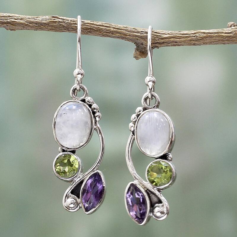 Handmade Sterling Silver Natural Glamour Multi-Stone Earrings (India) - 1.6*0.4