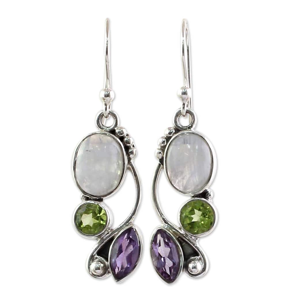 Handmade Sterling Silver Natural Glamour Multi-Stone Earrings (India) - 1.6*0.4