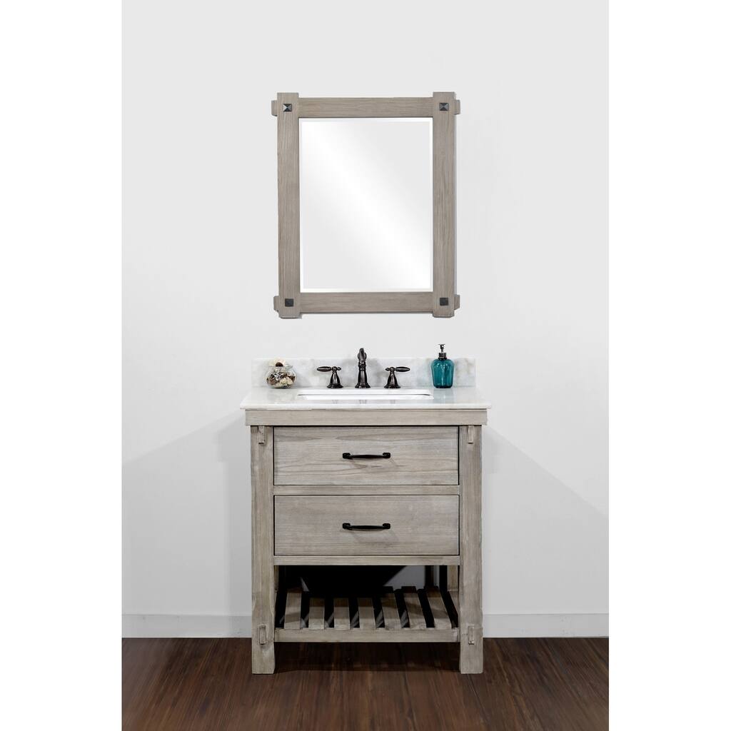 Infurniture Rustic Style Brown Fir and Quartz Marble 30-inch Single-sink Bathroom Vanity