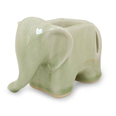 Handmade Green Elephant Celadon Ceramic Card and Clip Holder (Thailand)