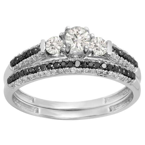 Black /& White Diamond 3 Stone Bridal Engagement Ring Set 10K Gold White Sapphire