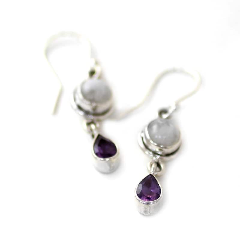 NOVICA Handmade Sterling Silver Amethyst Moonstone Earrings (India) - 1.6*0.4