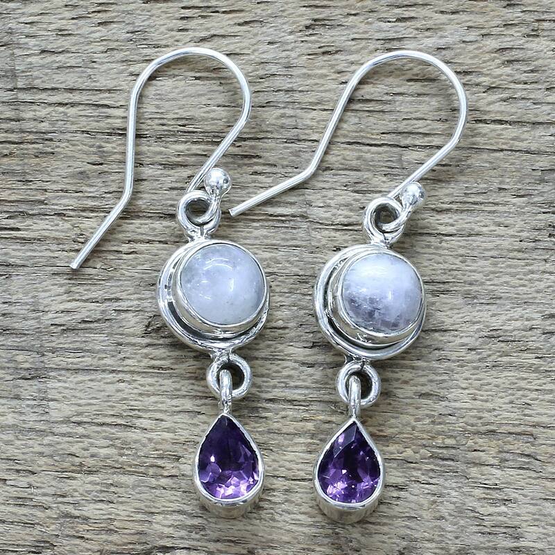 NOVICA Handmade Sterling Silver Amethyst Moonstone Earrings (India) - 1.6*0.4