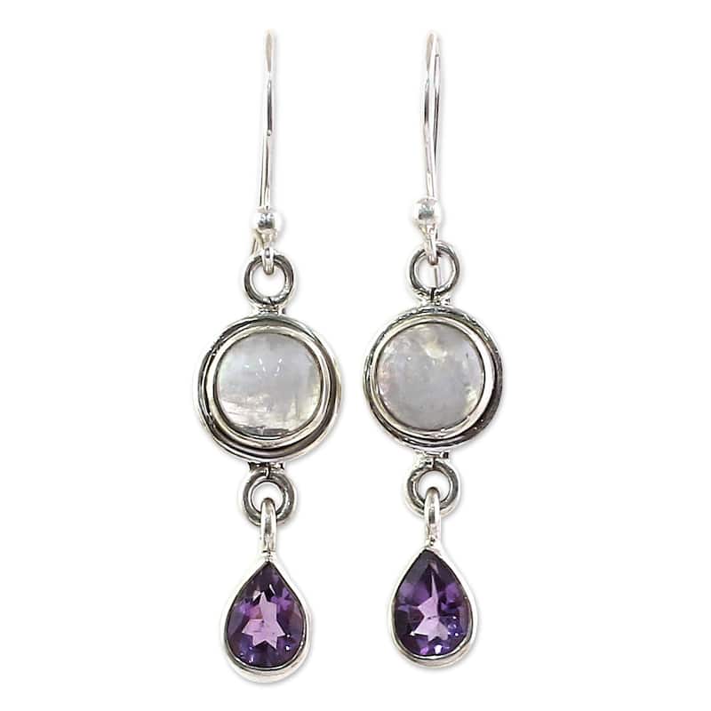NOVICA Handmade Sterling Silver Amethyst Moonstone Earrings (India) - 1.6*0.4 - White