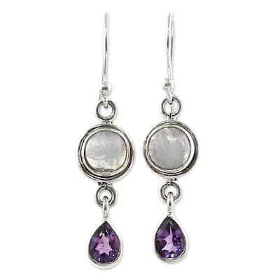 NOVICA Handmade Sterling Silver Amethyst Moonstone Earrings (India) - 1.6*0.4