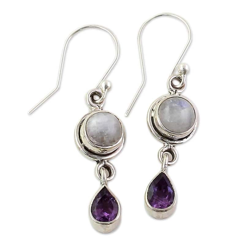 NOVICA Handmade Sterling Silver Amethyst Moonstone Earrings (India) - 1.6*0.4