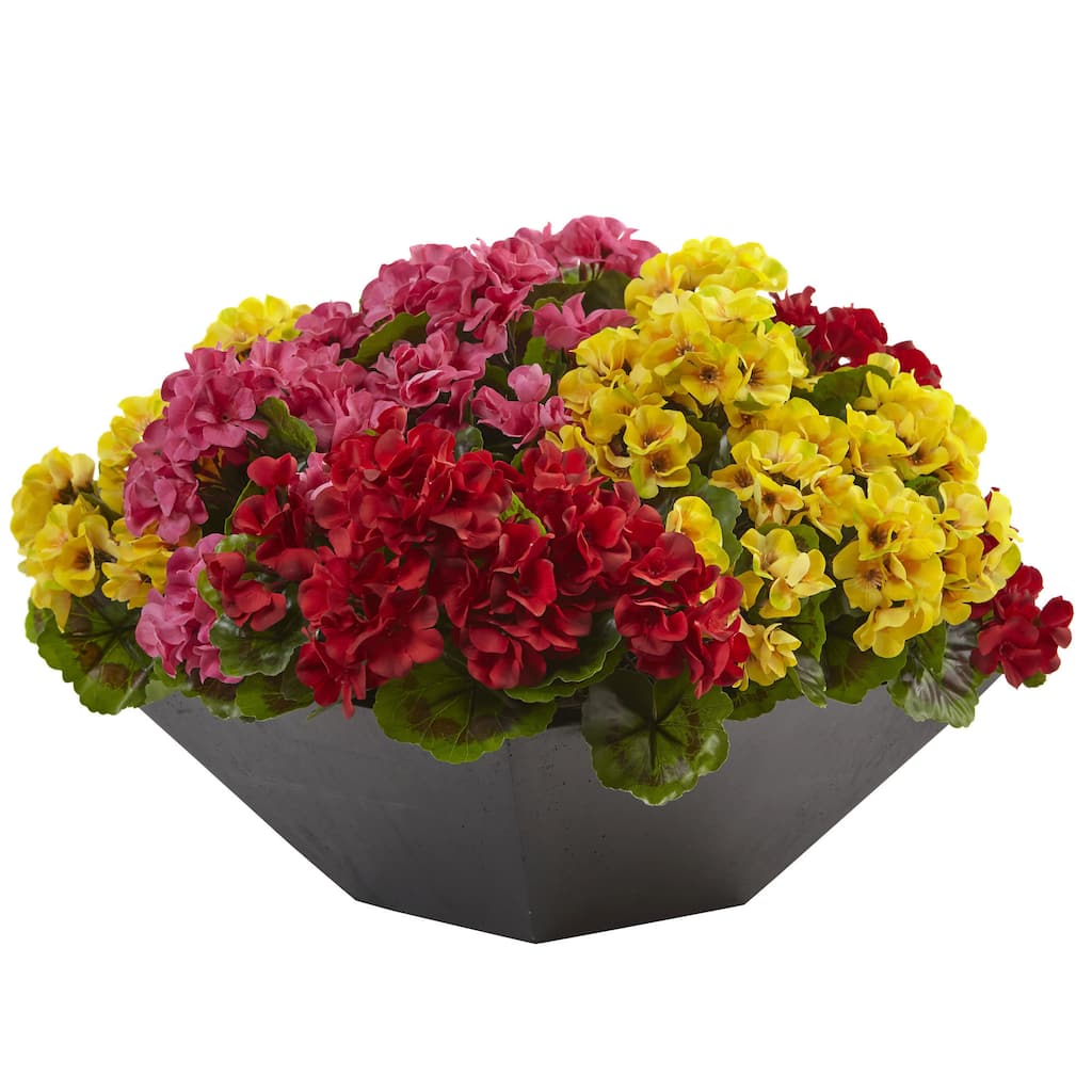 Nearly Natural Indoor/Outdoor UV-resistant Geranium with Black Planter Arrangement