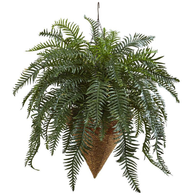 Nearly Natural Giant River Fern with Cone Hanging Basket - Green