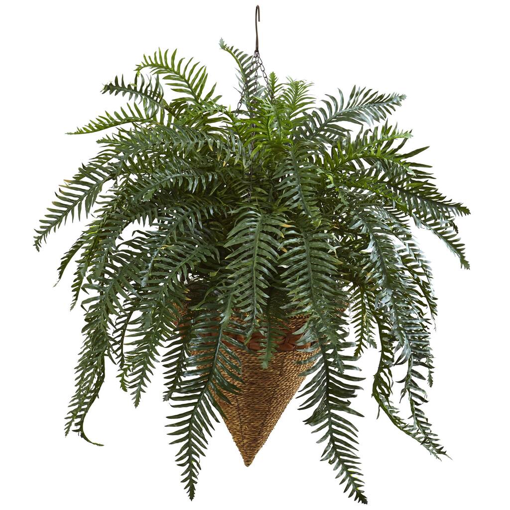 Nearly Natural Giant River Fern with Cone Hanging Basket - Green