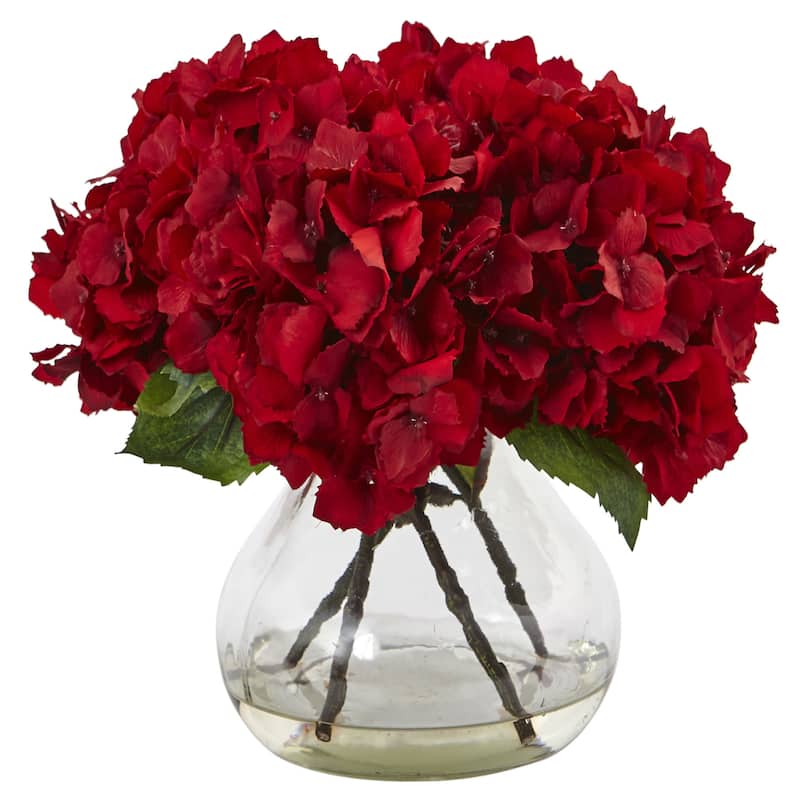 Nearly Natural Red Faux Hydrangea Arrangement With Glass Vase