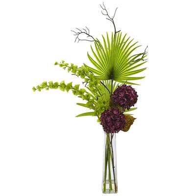 Hydrangea, Bells Of Ireland and Palm Frond Arrangement in Clear Vase