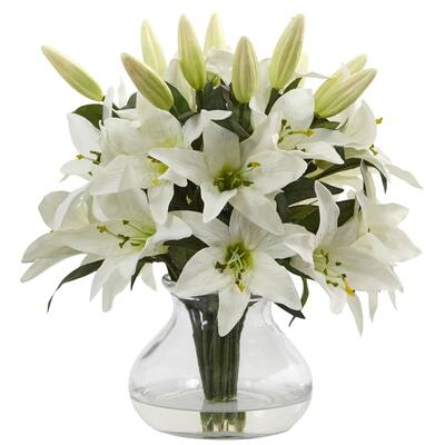 Nearly Natural White Faux Lily Arrangement With Clear Glass Vase - Green