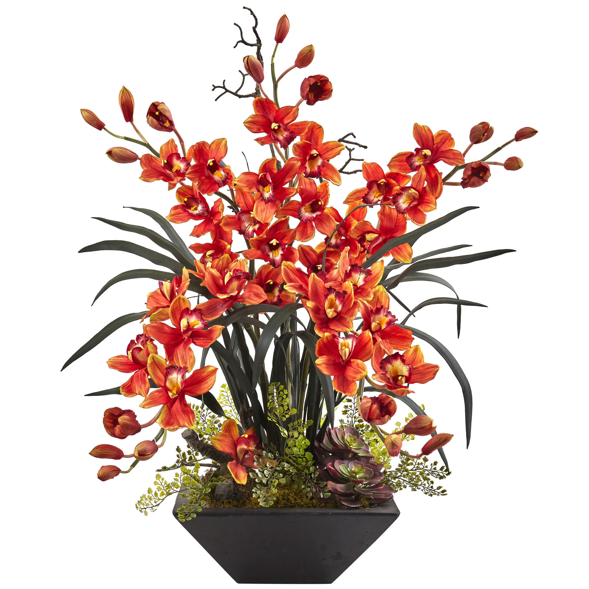 Shop Nearly Natural Cymbidium Orchid With Black Vase Arrangement Overstock 13212618