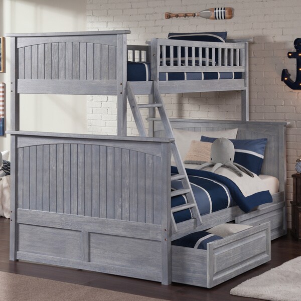 Nantucket Driftwood Washed Grey Twin over Full Bunk Bed with Raised Panel Drawers