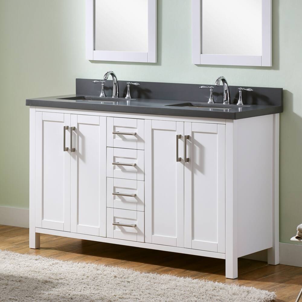 Infurniture White 60-inch Double-sink Bathroom Vanity with Grey Quartz Marble Top