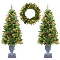 Green Plastic 4-foot 3-piece Christmas Tree and Holiday Wreath Set