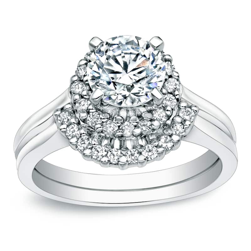 Auriya Nested 1ct TDW Round Diamond Halo Engagement Ring Set Platinum Certified