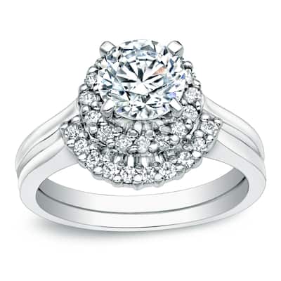 Auriya Nested 1ct TDW Round Diamond Halo Engagement Ring Set Platinum Certified