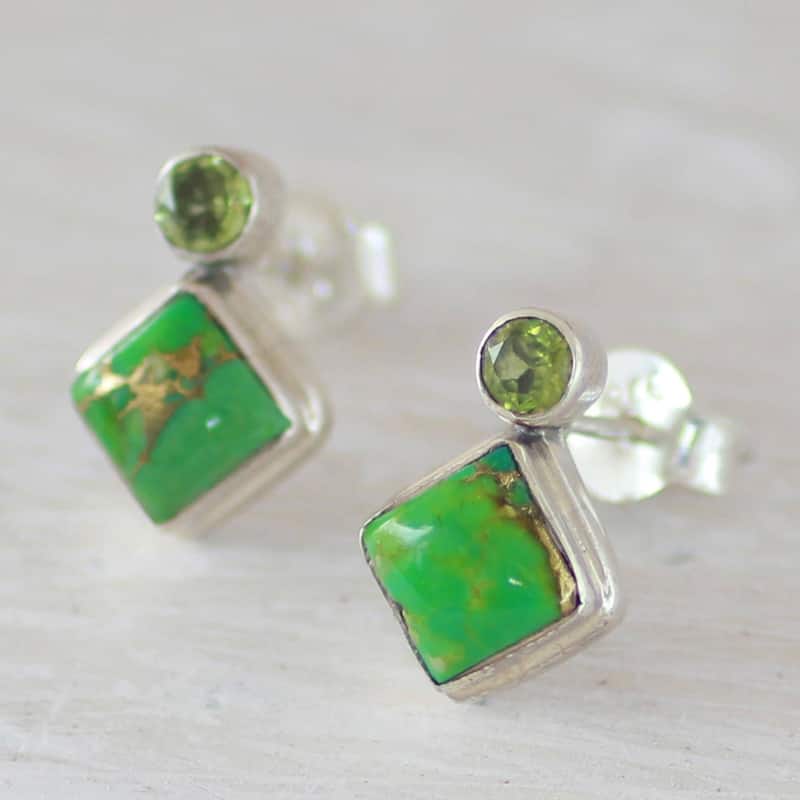 NOVICA Sterling Silver 'Green Sparkle' Peridot Composite Turquoise Earrings - 0.6*0.4