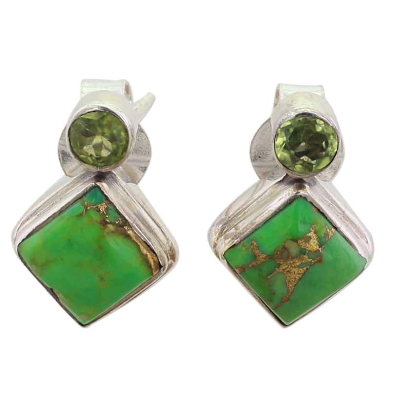 NOVICA Sterling Silver 'Green Sparkle' Peridot Composite Turquoise Earrings - 0.6*0.4 - White