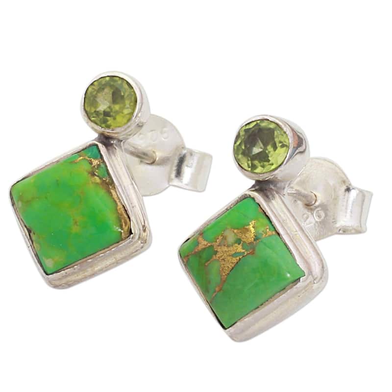 NOVICA Sterling Silver 'Green Sparkle' Peridot Composite Turquoise Earrings - 0.6*0.4