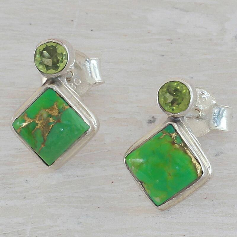 NOVICA Sterling Silver 'Green Sparkle' Peridot Composite Turquoise Earrings - 0.6*0.4
