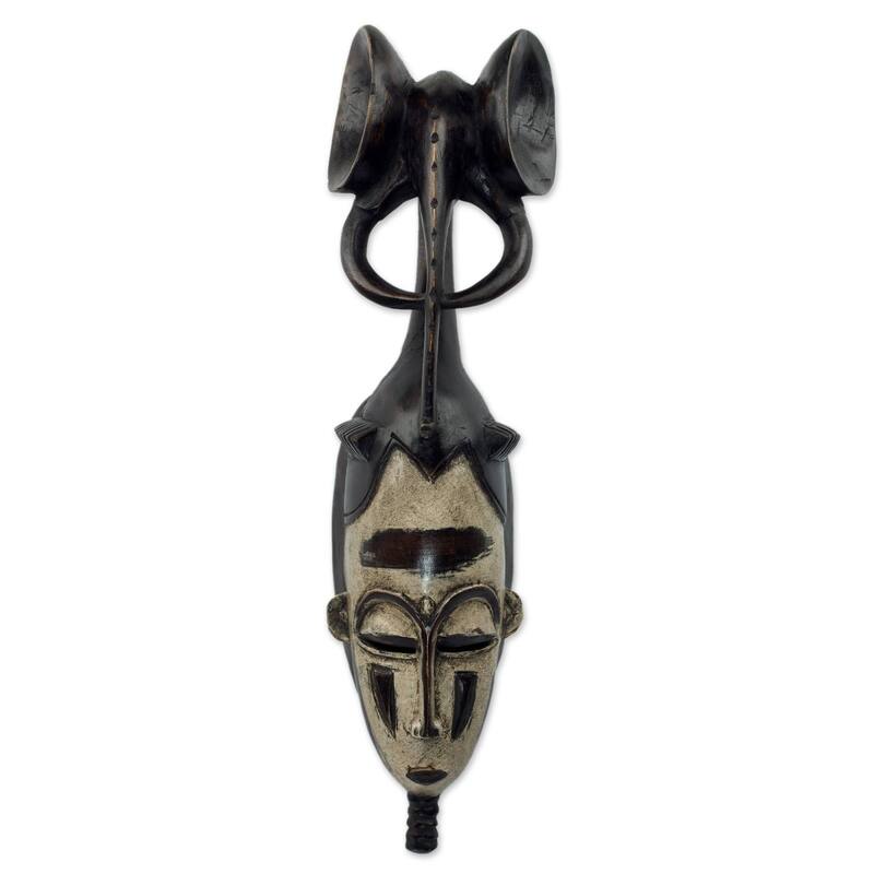 Handmade Sese Wood Brave and Strong African Wall Mask (Ghana) - 17.25" H x 5" W x 4.3" D - Brown
