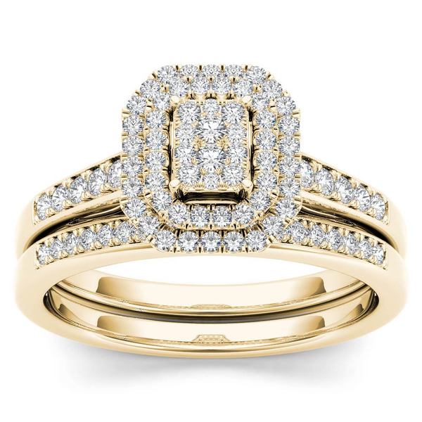 Shop De Couer IGI Certified 14k Yellow Gold 1/3ct TDW Diamond Cluster Halo Engagement Ring Set ...