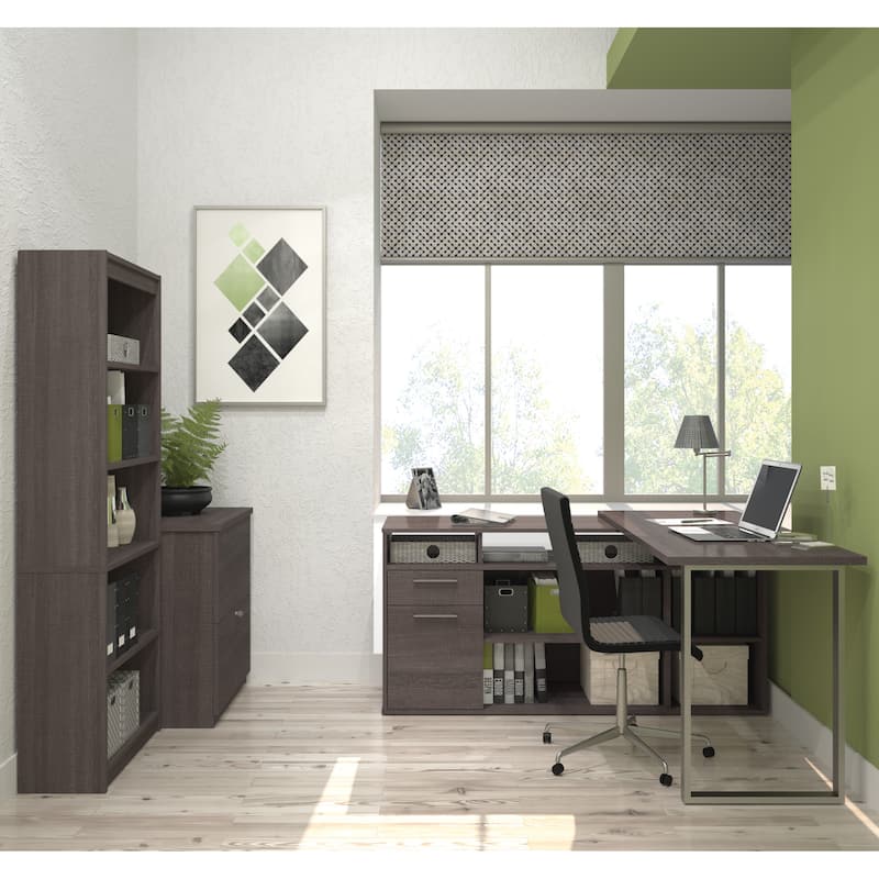Bestar Solay L-shaped Desk with Lateral File and Bookcase - Bark Grey