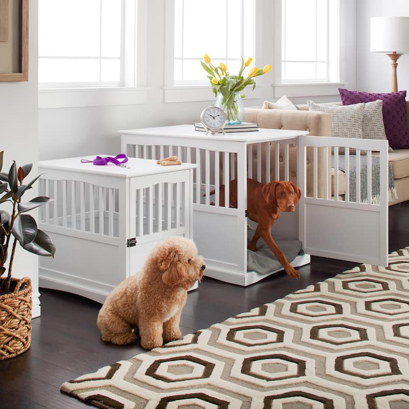 White Wood Pet Crate End Table with Lockable Door