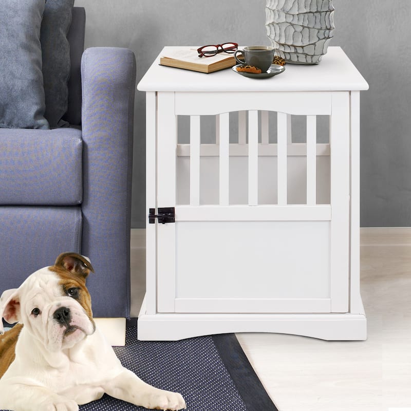 White Wood Pet Crate End Table with Lockable Door