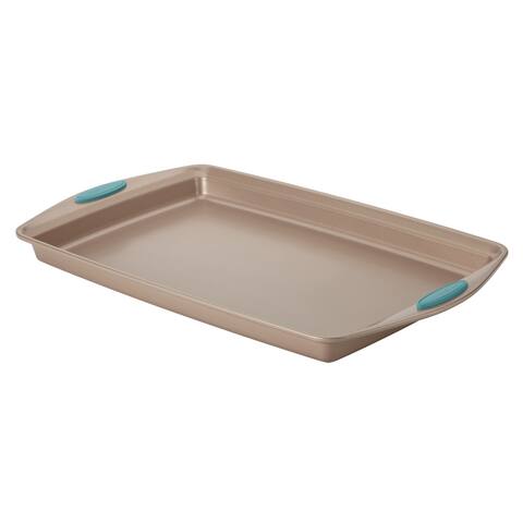 Rachael Ray Cucina Nonstick Bakeware Baking Pan / Cookie Sheet, 11-Inch x 17-Inch, Latte Brown, Agave Blue Handle Grips