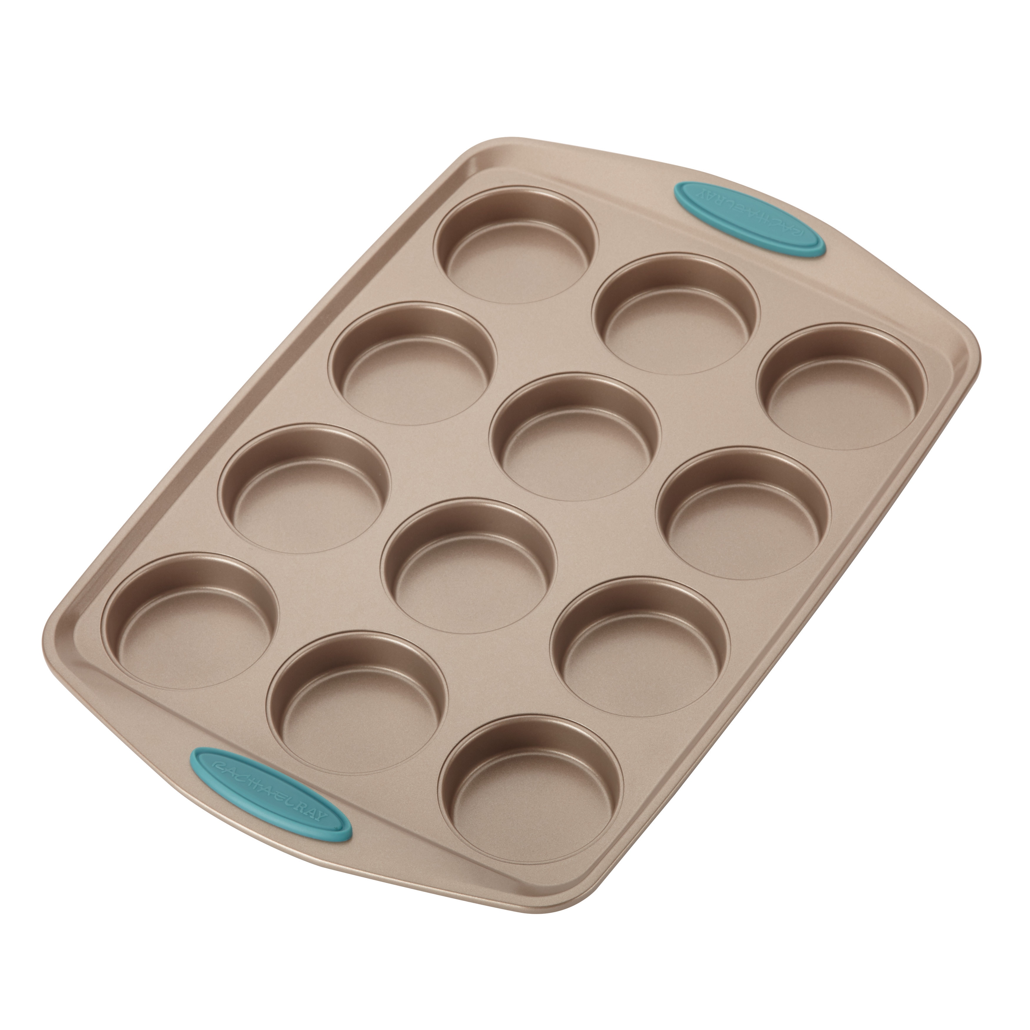 Rachael Ray 47956 Yum-O Nonstick Bakeware 12-Cup Oven Lovin Muffin & Cupcake Pan Gray with Red Handles