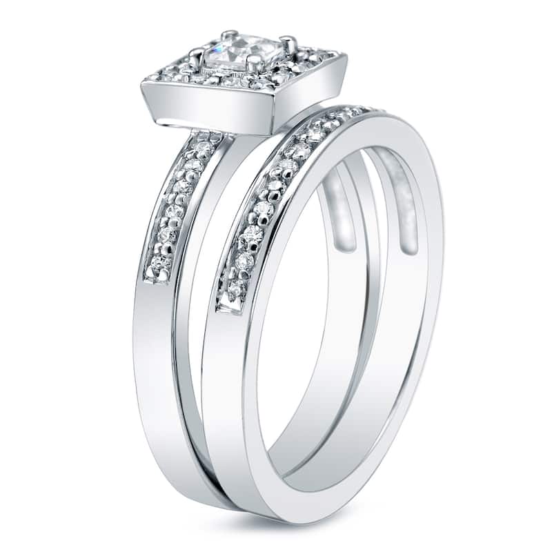 Auriya Platinum 1/2ctw Princess-cut Halo Diamond Engagement Ring Set