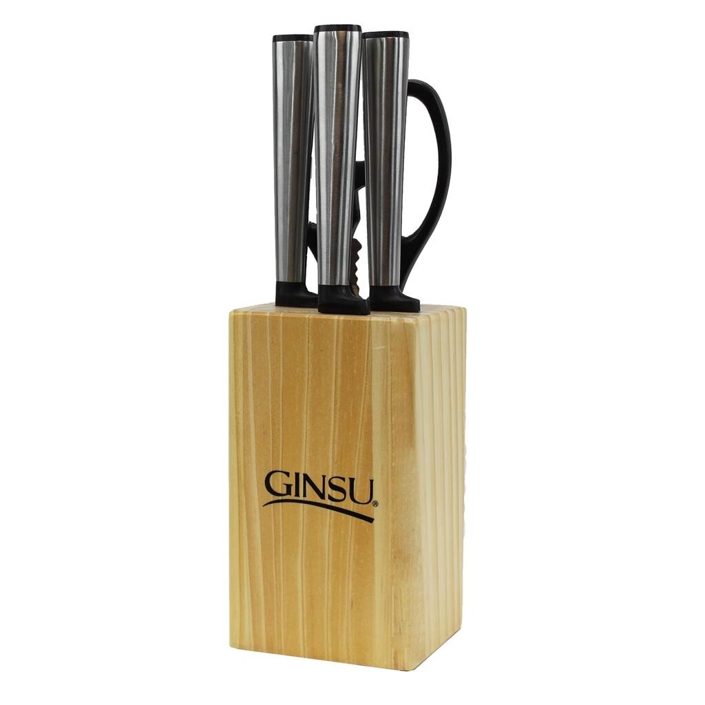 Ginsu Koden Series 5Pc Stainless Steel Serrated Knife Set - Cutlery Set w/ Stainless Steel Kitchen Knives, Natural Block