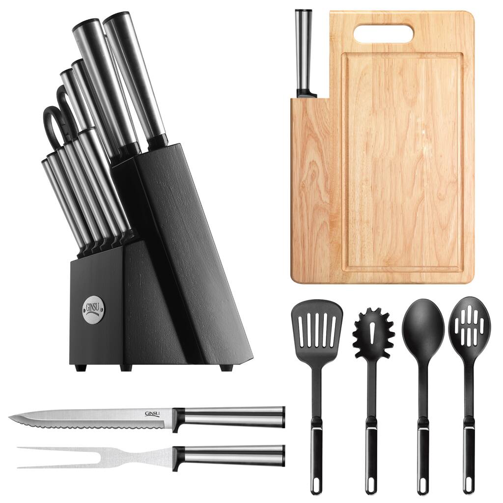 Ginsu Koden Series 22Pc Stainless Steel Serrated Knife Set - Cutlery, Cutting Board, and Spatulas Combo Set, Black Block