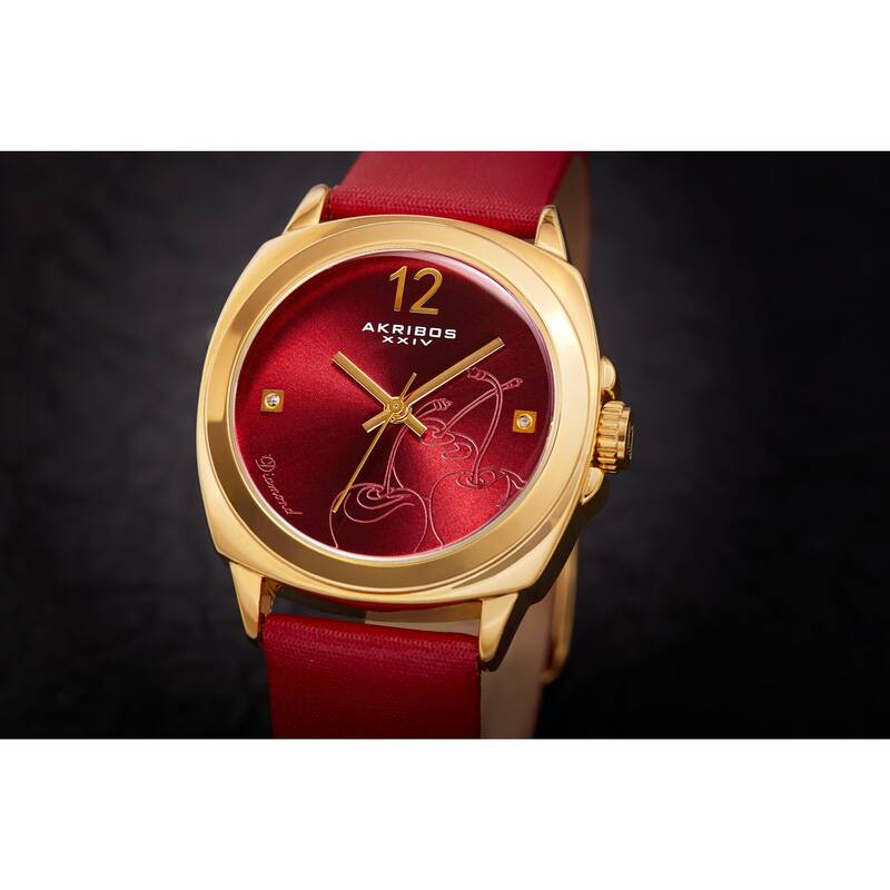 Akribos XXIV Women's Quartz Diamond Cherry Leather Strap Watch