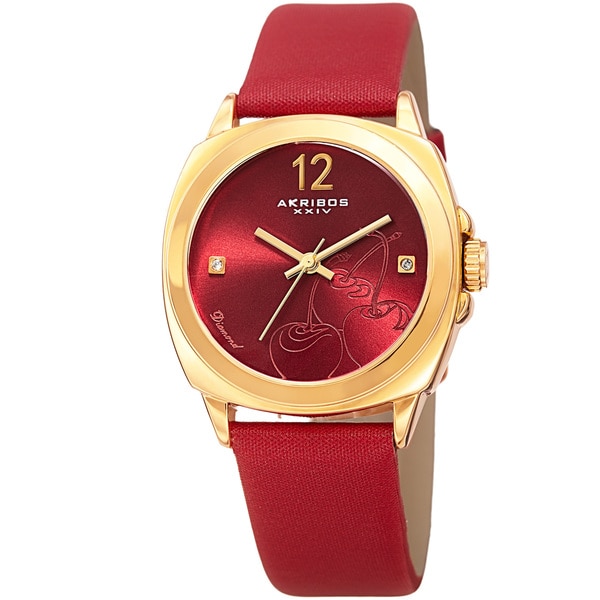 Akribos XXIV Women's Quartz Diamond Cherry Leather Strap Watch