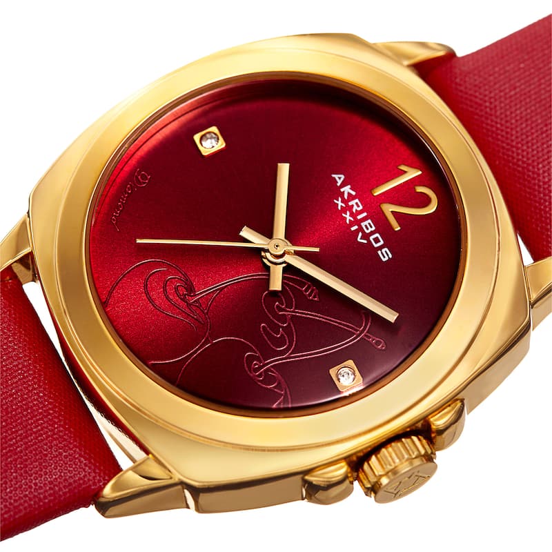 Akribos XXIV Women's Quartz Diamond Cherry Leather Strap Watch